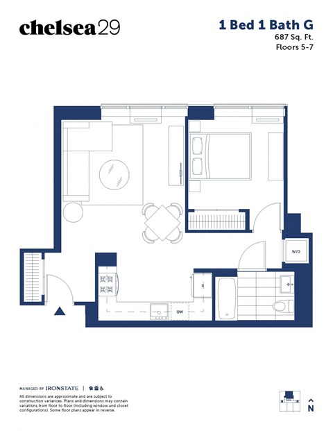Floor plan for 1 bed, 1 bath, 687 sqft